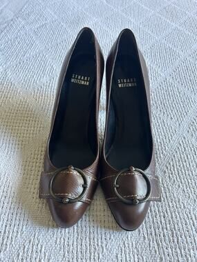 Vintage Stuart Weitzman Brown Leather Rhinestone Buckle Pumps Heels Sz 6.5M